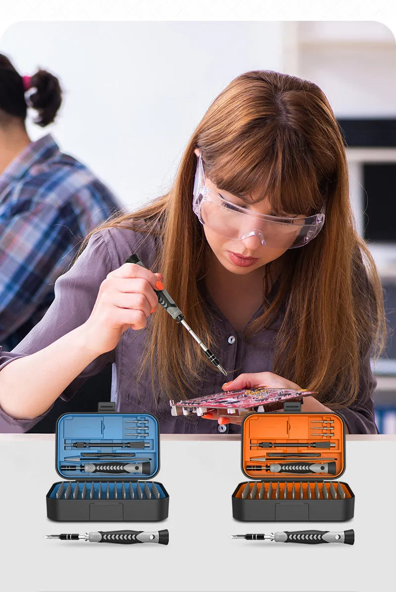 130 In 1 precision screwdriver tool set in orange and blue case with CRV bits