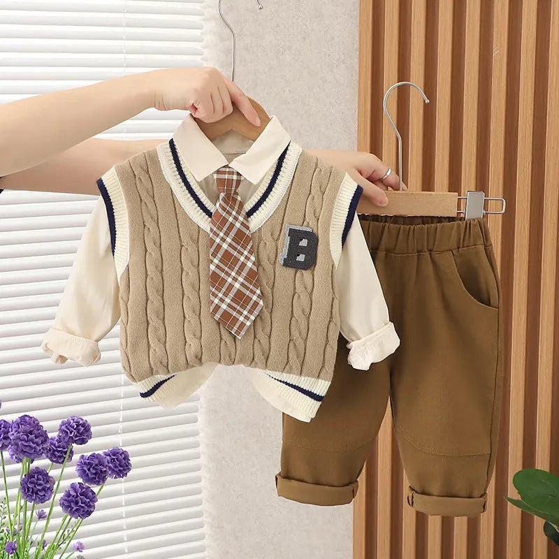 Boys autumn three-piece suit with tie B-shaped sweater pattern, cotton top, trousers, and beige or khaki vest.