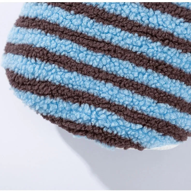 Soft plush blue-brown striped pet shirt button-down front on small dog warm winter fleece puppy sweater