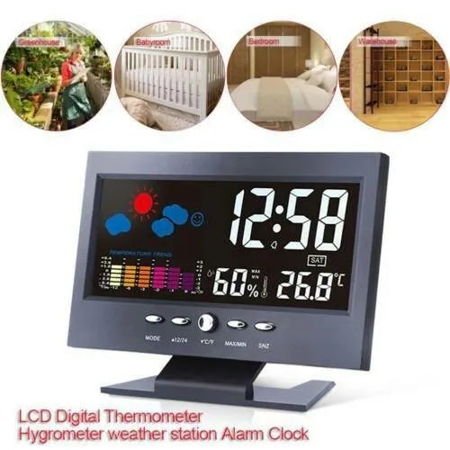 Multi-function large screen perpetual calendar clock showing time and date with voice-activated backlight in black finish
