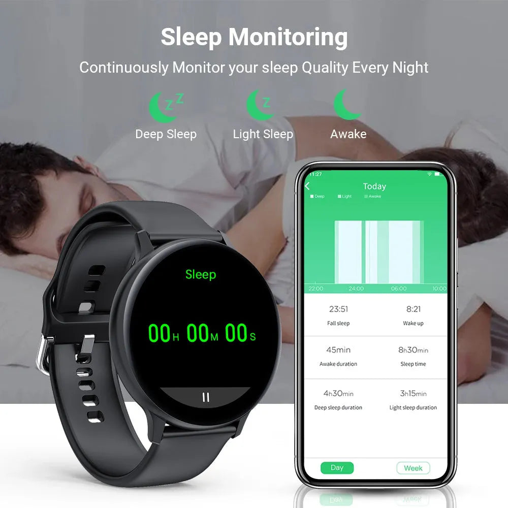 Smart bracelet with touchscreen display showing heart rate, worn on wrist with black TPU strap.