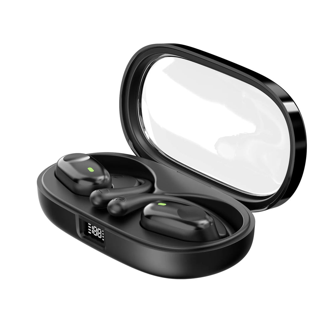 Bone conduction sports headset in black with digital display and ear hook design