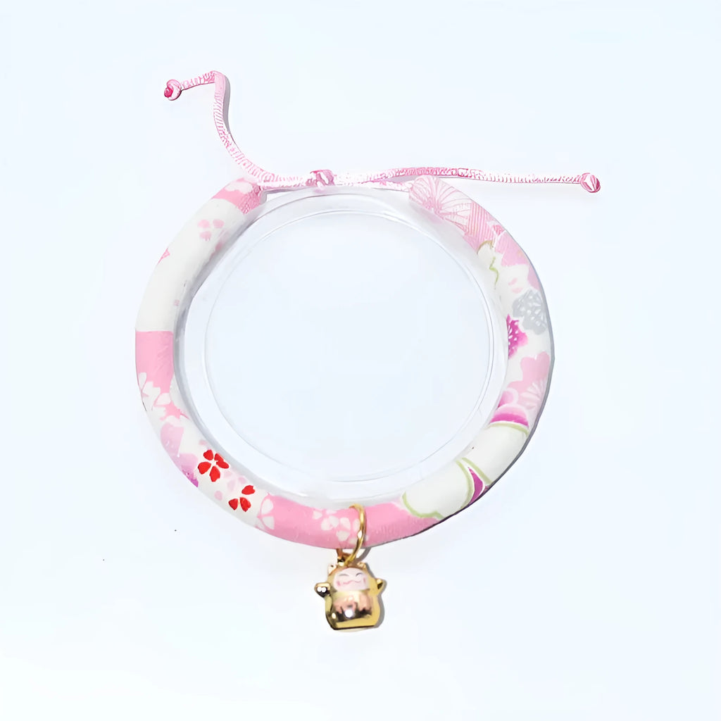 Cat collar with small Japanese bell made from cotton, linen, and copper, available in Black big flower and Red plum