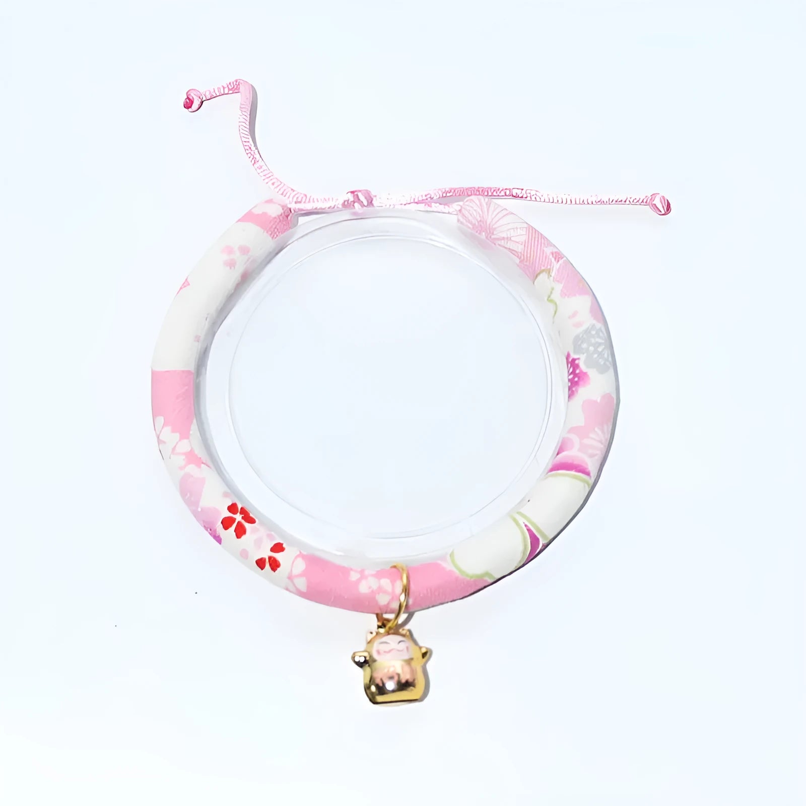 Cat collar with small Japanese bell made from cotton, linen, and copper, available in Black big flower and Red plum