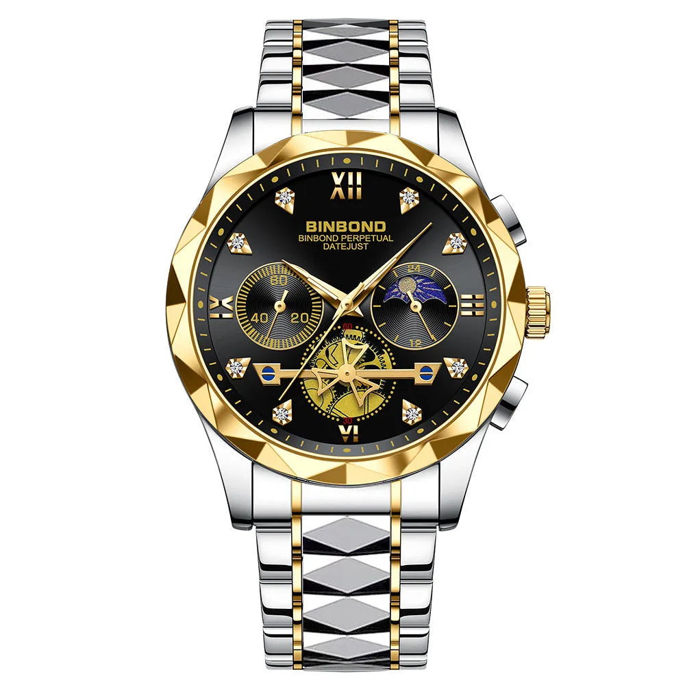 Multifunctional quartz watch with six-pin display, 11mm thick case, business style, available in multiple colours.
