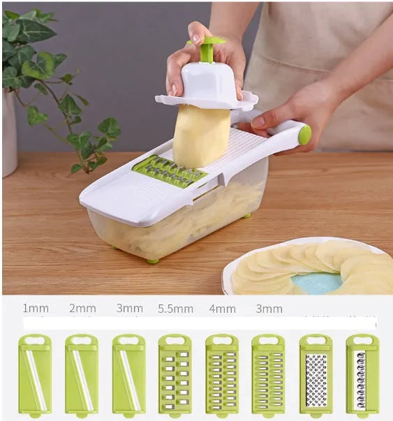 Multi-function vegetable chopper with 8 stainless steel blades, 28cm, brown plastic body, safety protector and blades on display