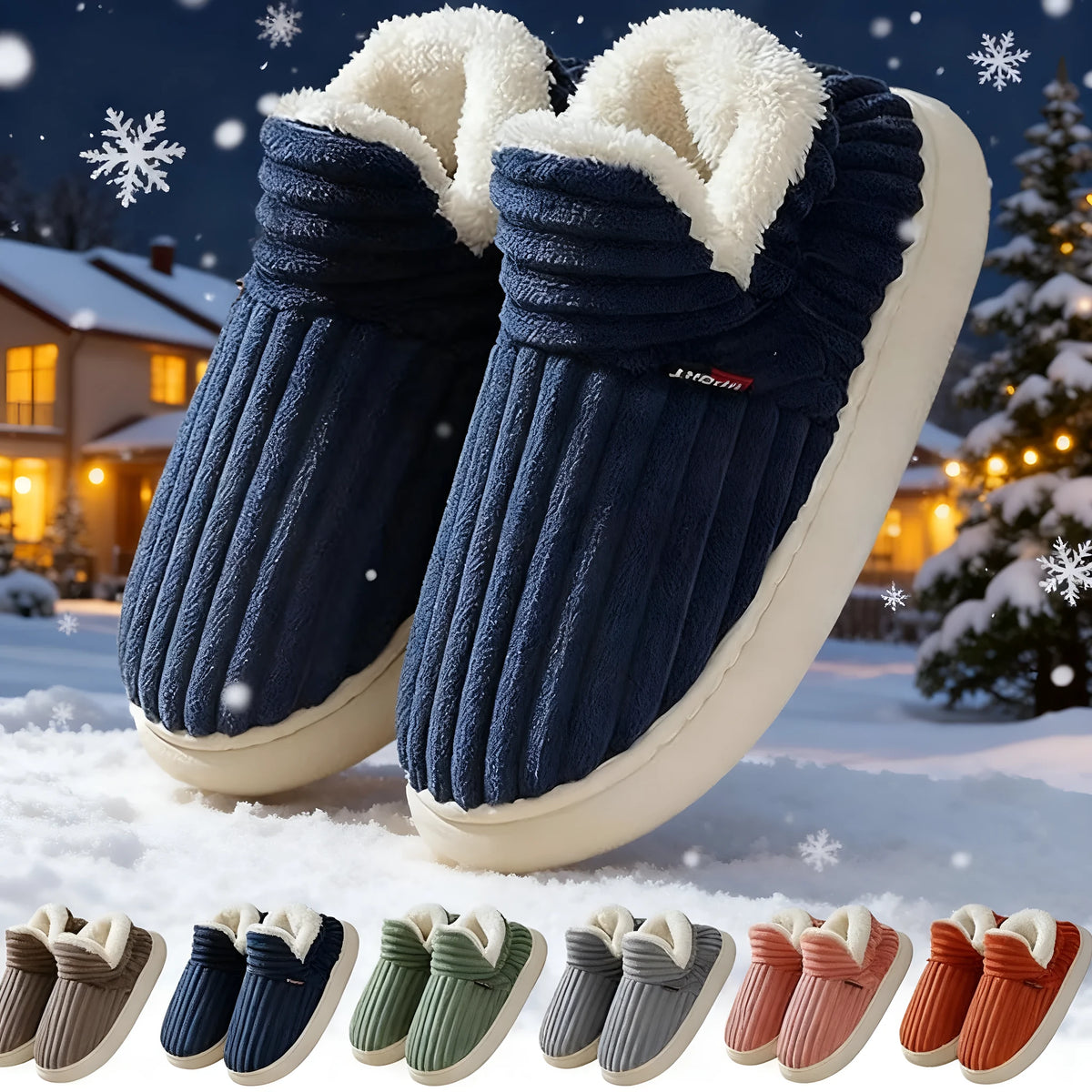 Winter plush home slippers in solid colour stripes, polyester, sizes 36to47, for women and men