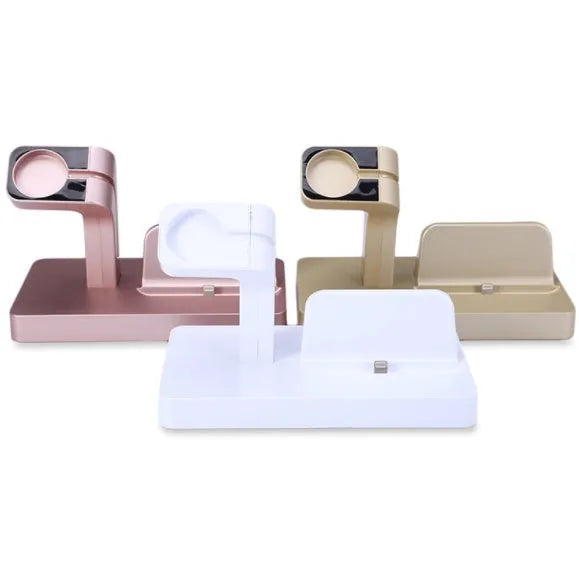 White desktop charging dock holding iPhone and Apple Watch upright for simultaneous charging