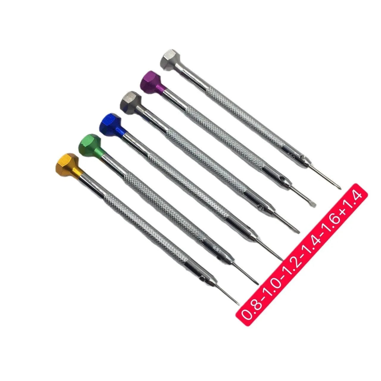 Six-piece watch repair screwdriver set with colour-coded aluminium handles and copper construction