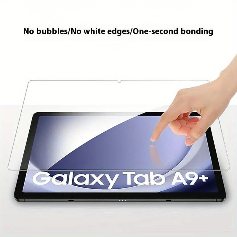 Tempered glass screen protector for Samsung tablet displayed next to a cattle leather pouch.