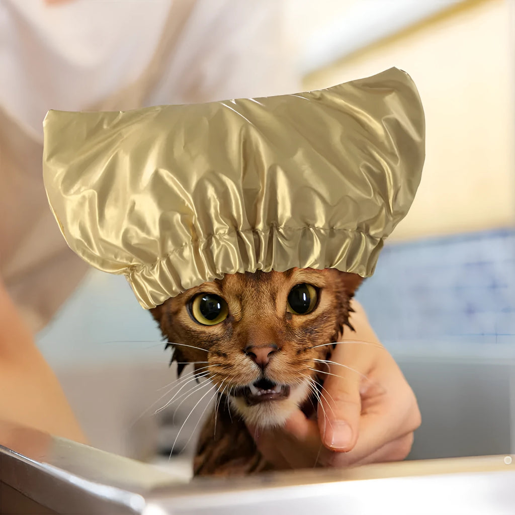 Silver pink and gold adjustable waterproof shower cap for pet ear protection during baths.
