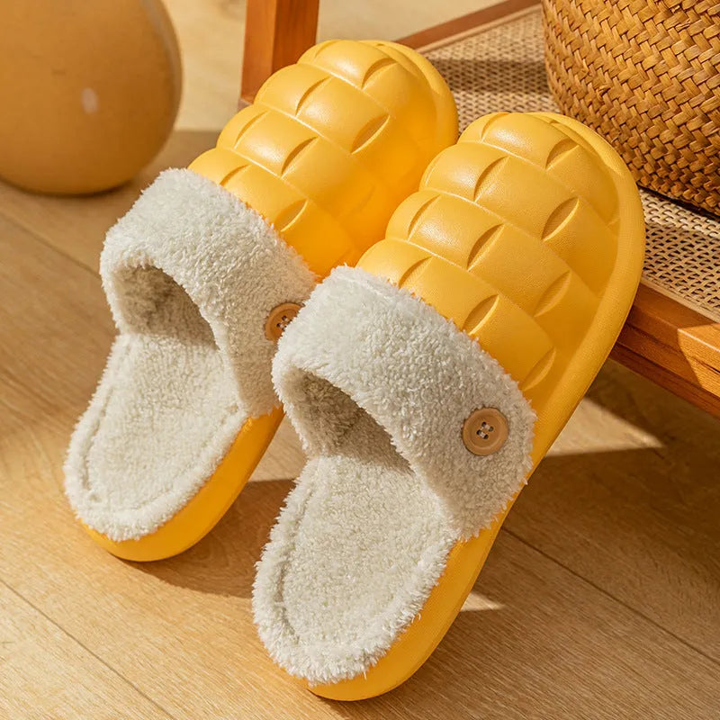 Women's detachable plaid EVA slippers with plush lining in multiple colours.