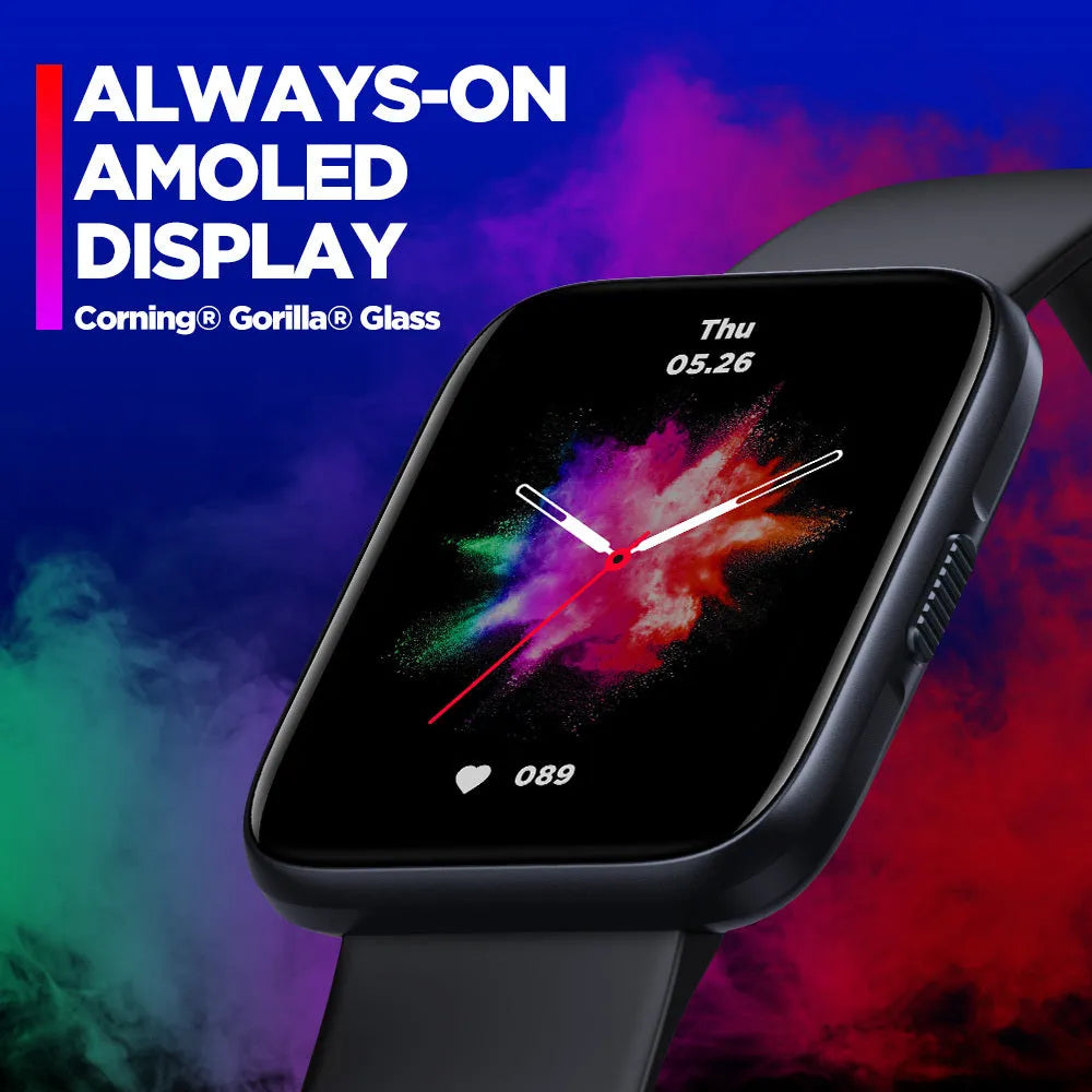 Black GPS sports smartwatch with rubber strap on a wrist, showing a health metrics screen.