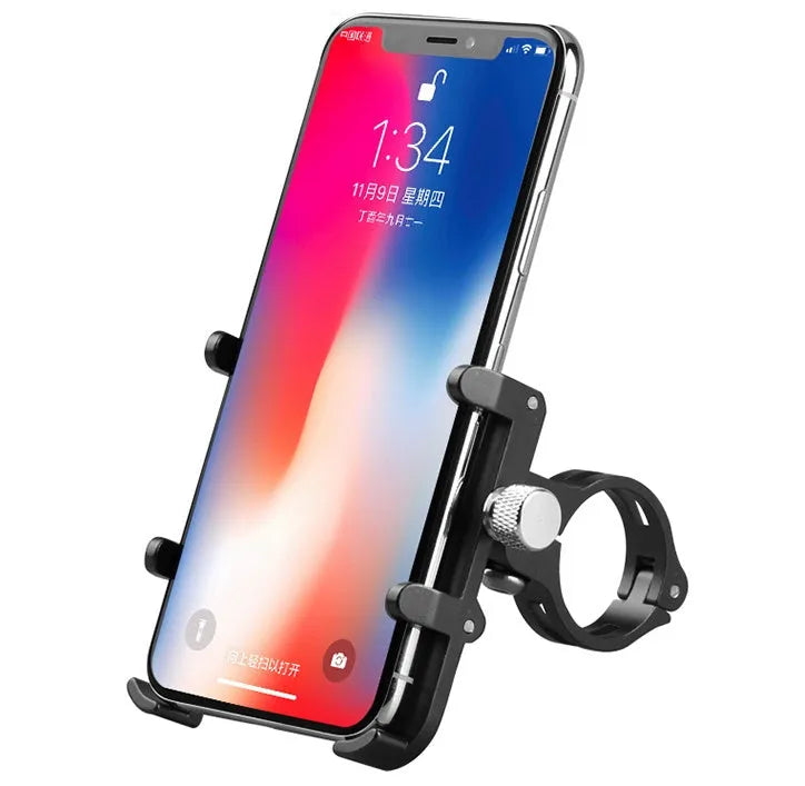 GUB Plus 6 aluminium motorcycle phone holder in black mounted on handlebars