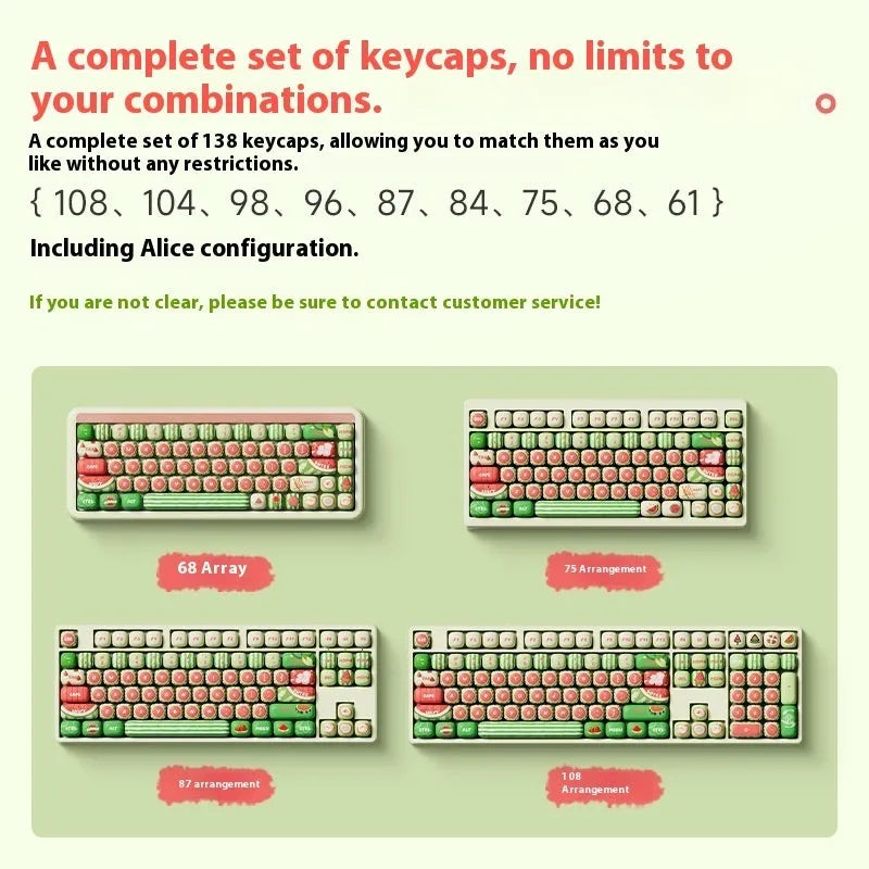 138 piece watermelon theme PBT keycap set with five-sided sublimation and small steamed bun profile for mechanical keyboards