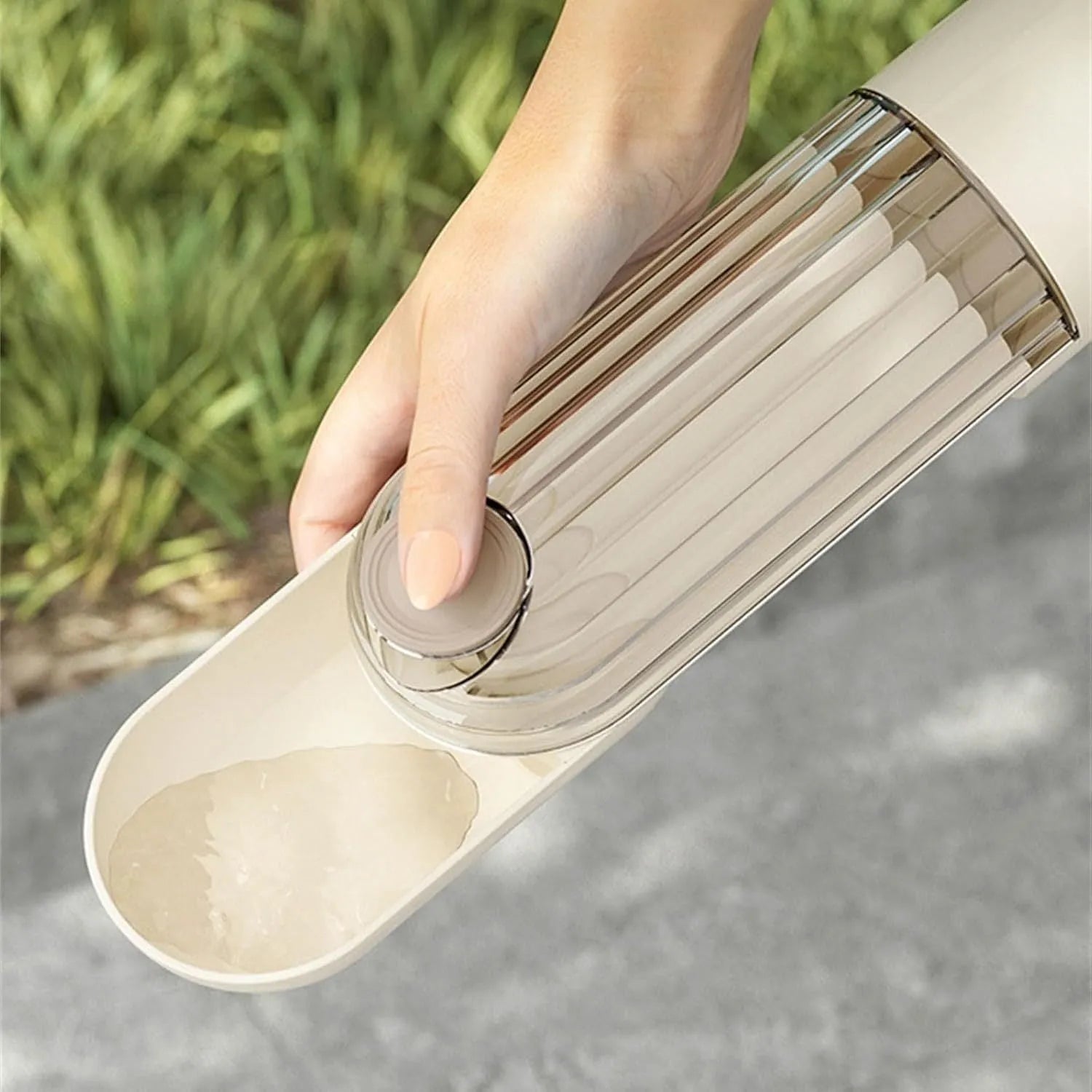 Foldable dog water bottle food dispenser with large drinking opening and integrated snack container