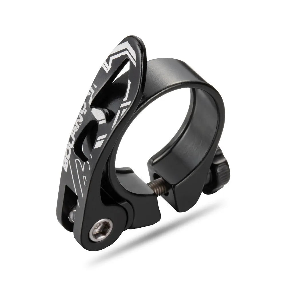 Aluminium alloy bicycle seat post clamp in black, blue, gold, or red, showing 31.8mm and 34.9mm size options