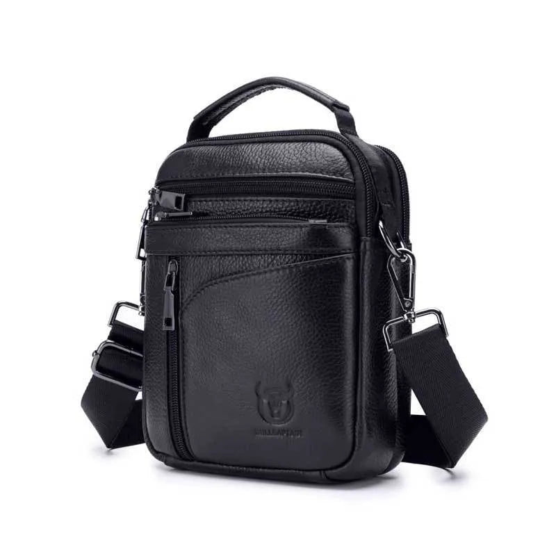 Black genuine leather mens shoulder messenger bag with retro styling