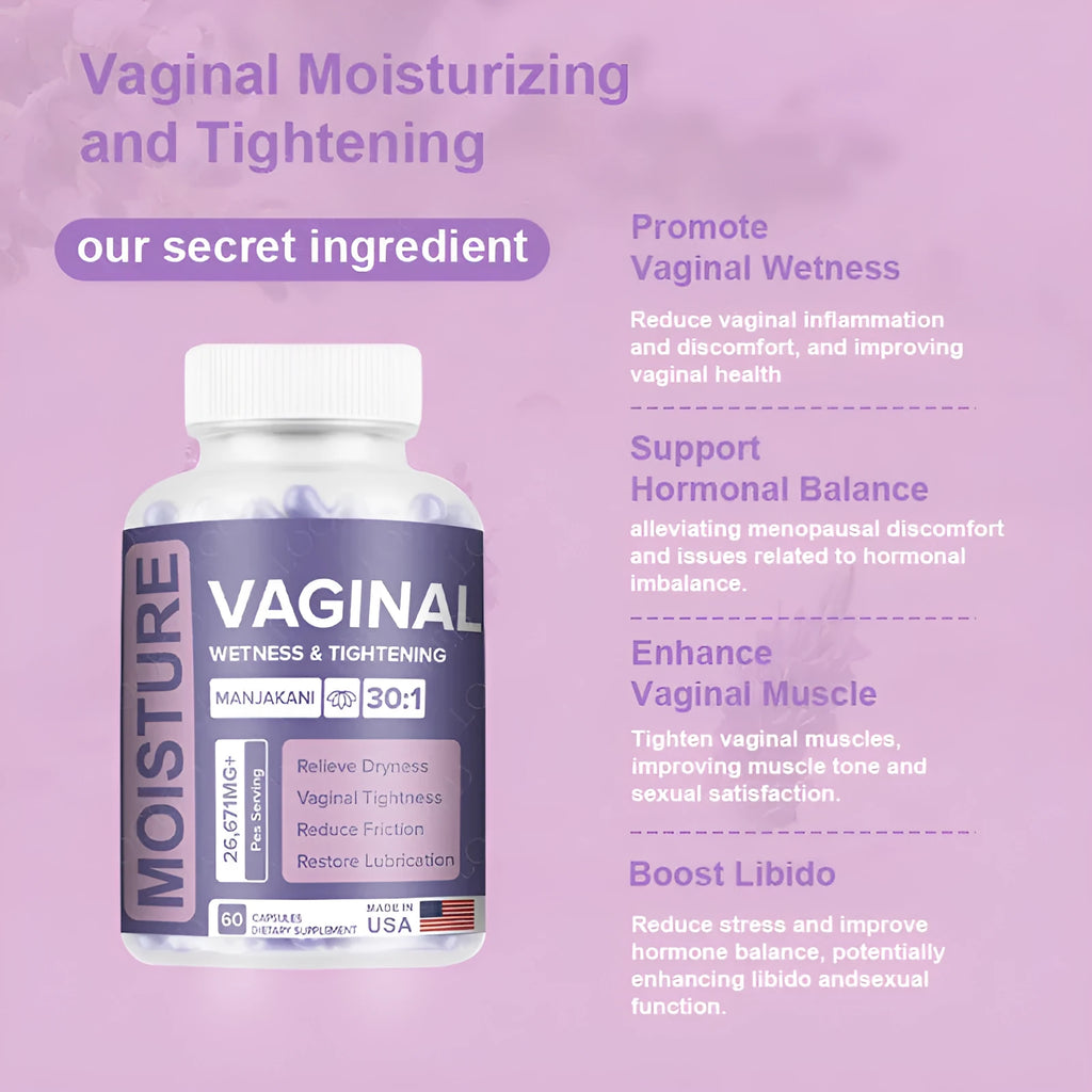 Bottle containing 60 vaginal capsules with herbal extract for adult women's intimate care