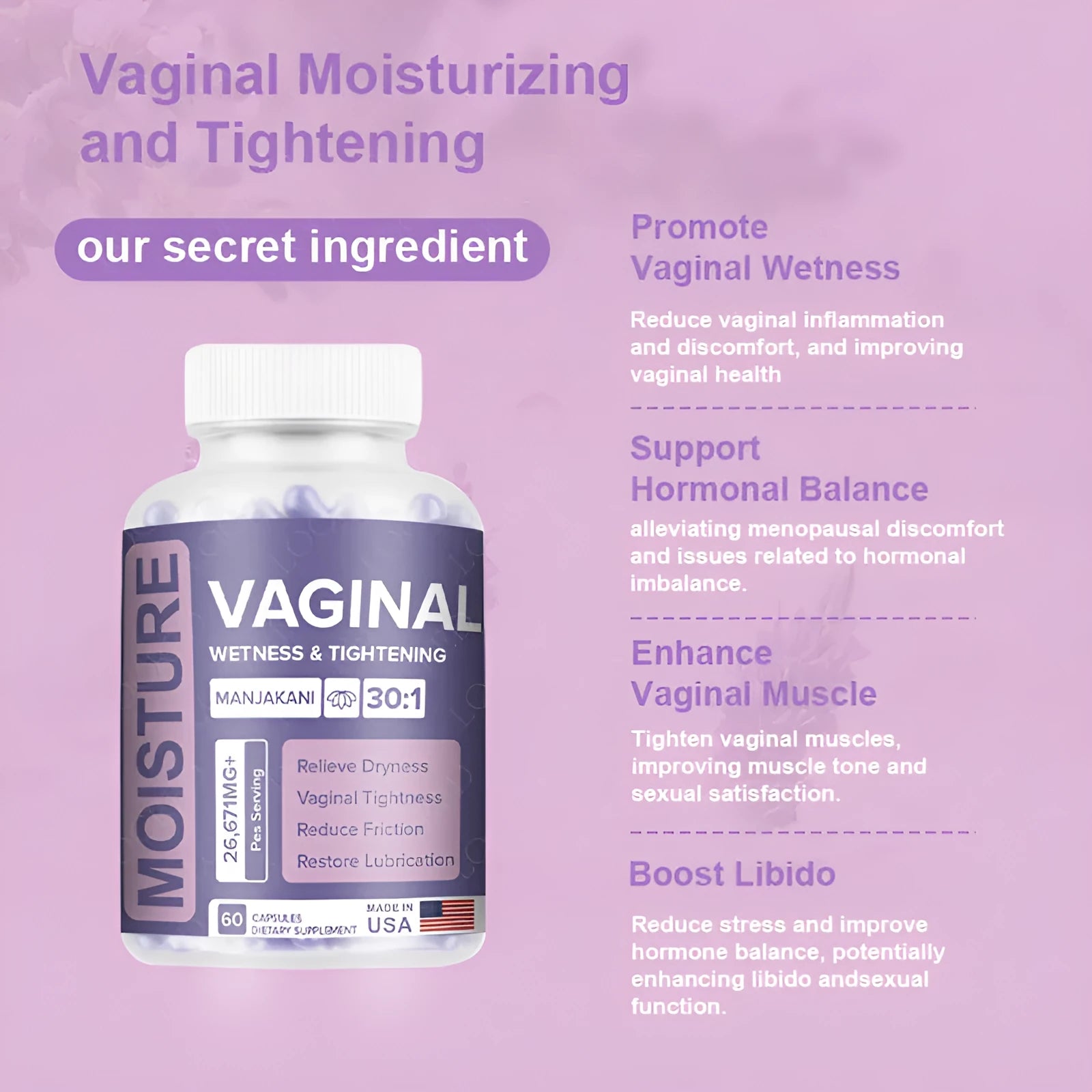 Bottle containing 60 vaginal capsules with herbal extract for adult women's intimate care