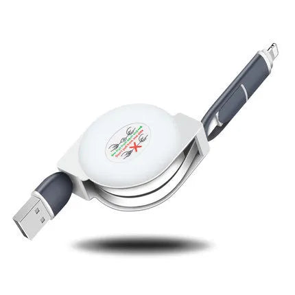 3-in-1 telescopic charging cable extended to show connectors with 120cm TPE cable and titanium alloy plugs.