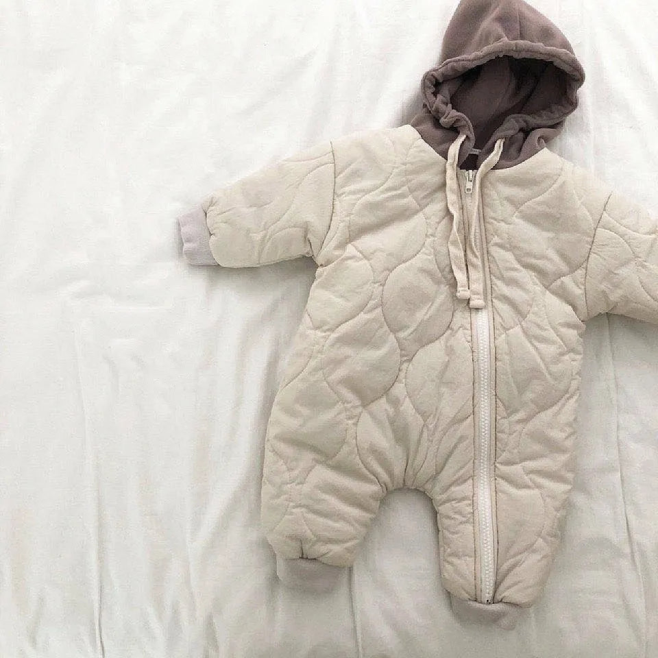 Baby padded quilted cotton kumpsuit with hat in beige, size 80cm