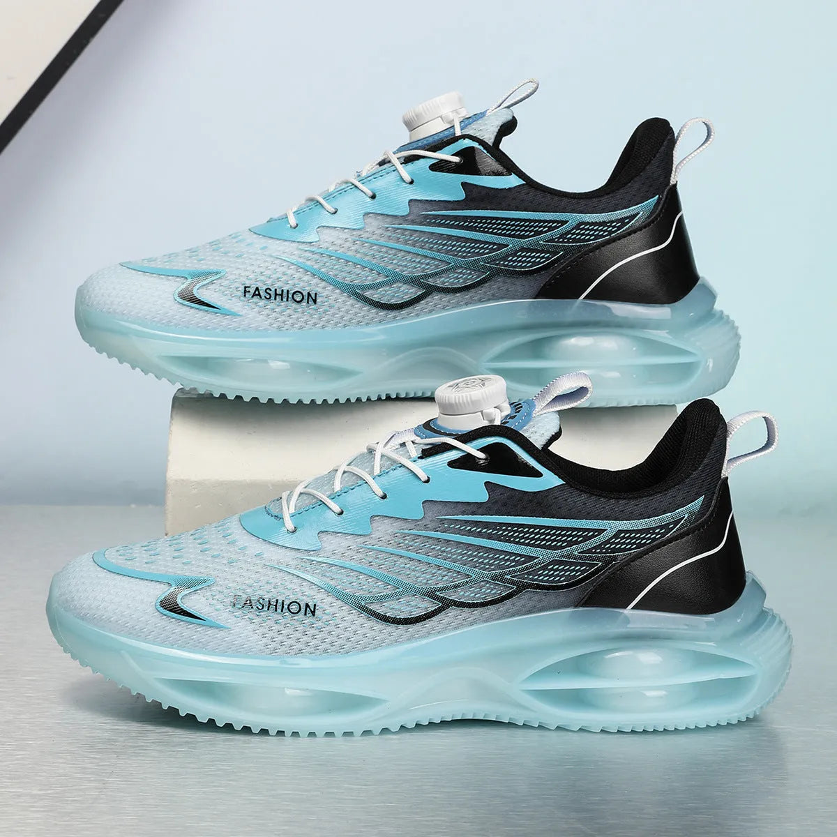 Breathable running shoes in sky blue with mesh upper, round toe, and lace-up front
