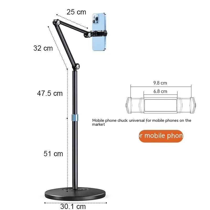 Bedside lifting floor cantilever bracket holding a tablet, with metal chassis and adjustable arm, 56x28x28 cm