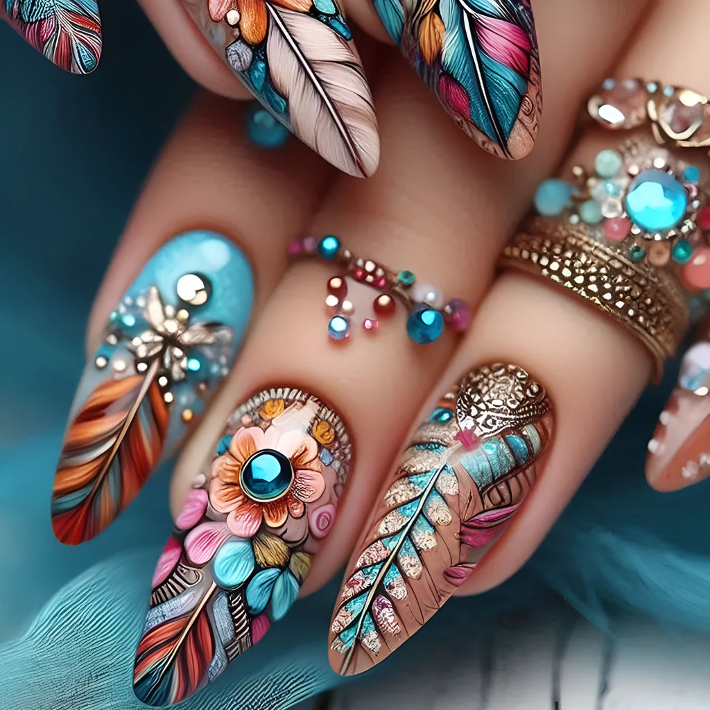 Colourful retro nail art stickers with feather, cartoon flower, heart, and butterfly designs on a plastic sheet.