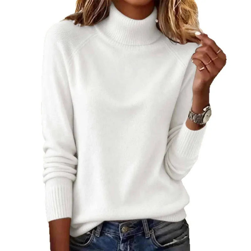 Women's solid colour loose fit long sleeve pullover sweater in white, polyester fabric, front view