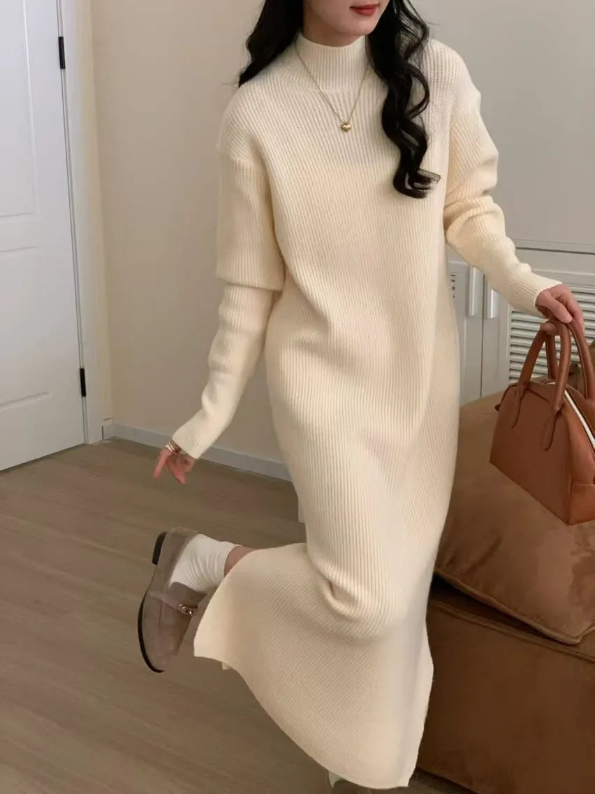 Acrylic half turtleneck knit dress in knee-length high-waist silhouette for work