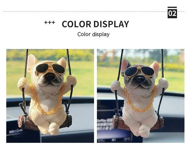 Cartoon-style resin bulldog car pendant hanging from a rearview mirror.