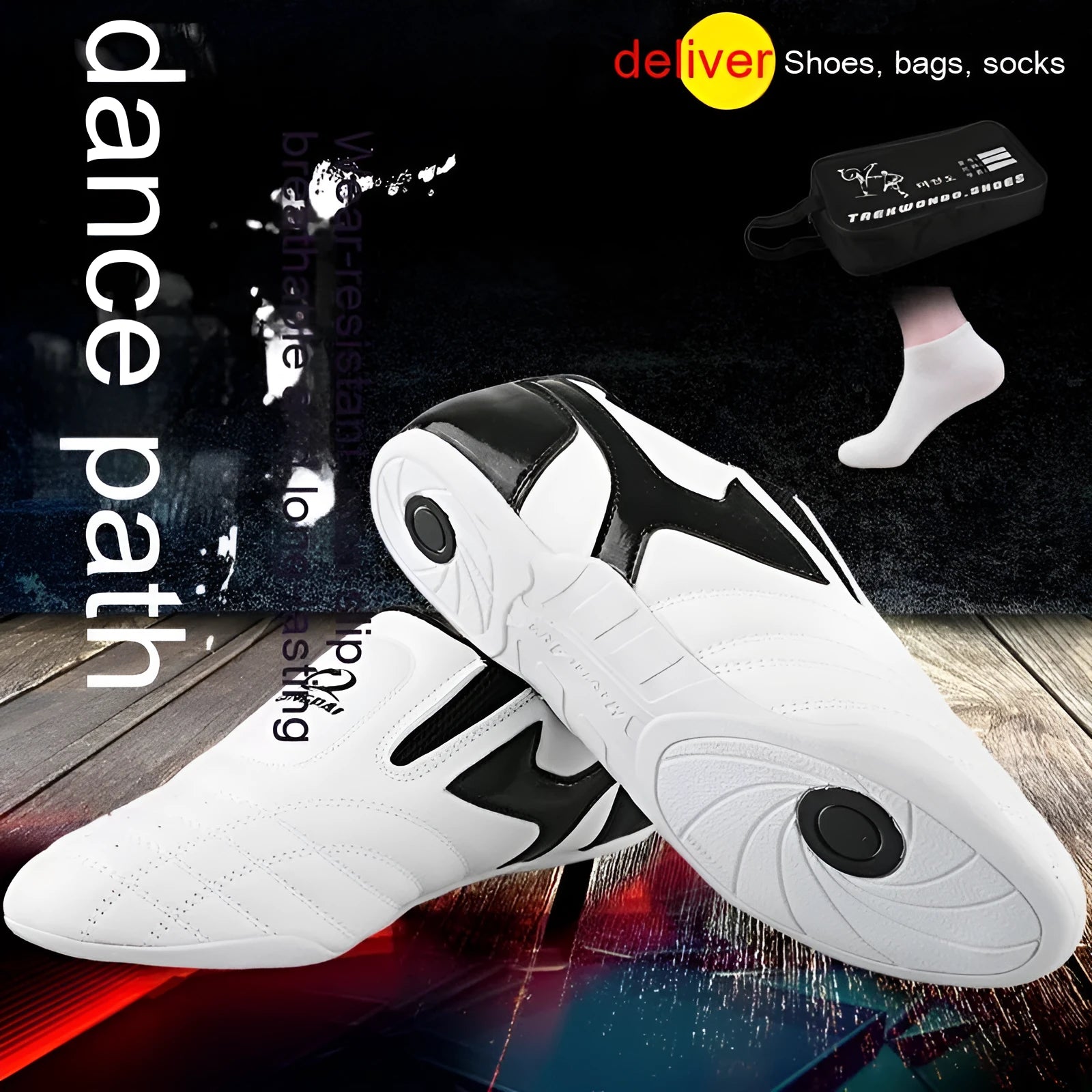 Black and white children's martial arts training shoes with a soft bottom and widened fit for Sanda and Taekwondo.