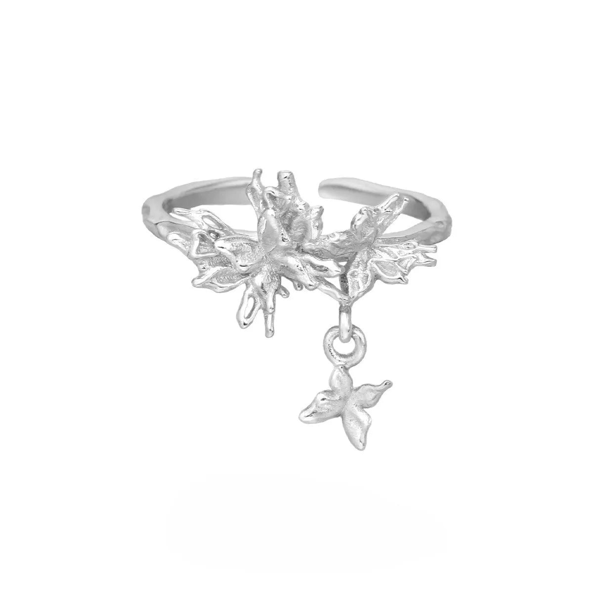 Silver adjustable open ring with butterfly design in 18K gold and white gold electroplated finishes