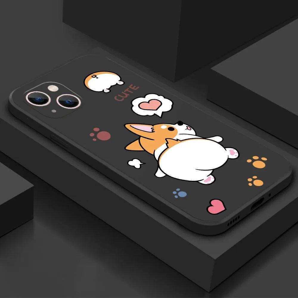 Corgi cartoon TPU phone case for iPhone with shockproof and anti-fingerprint design in classic black