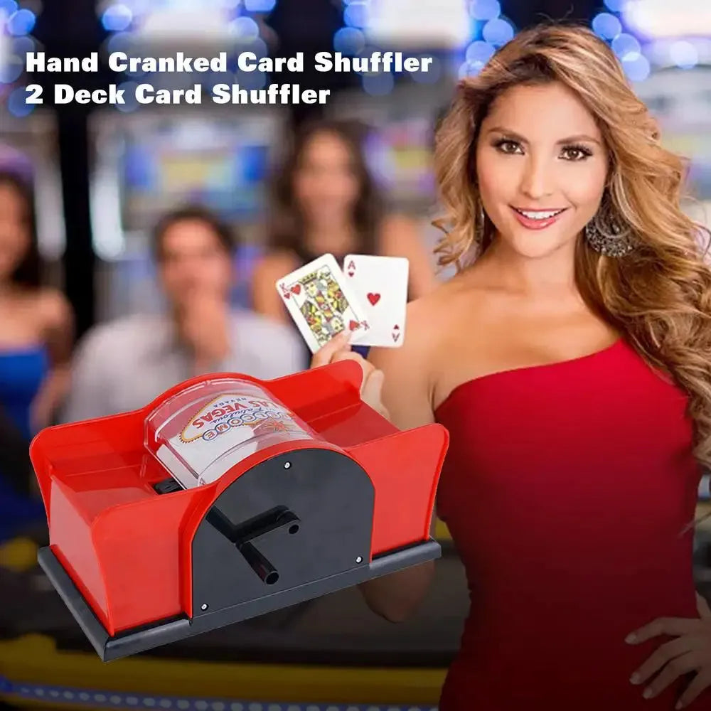 Manual card shuffler with black ABS plastic body and hand crank for poker and blackjack games