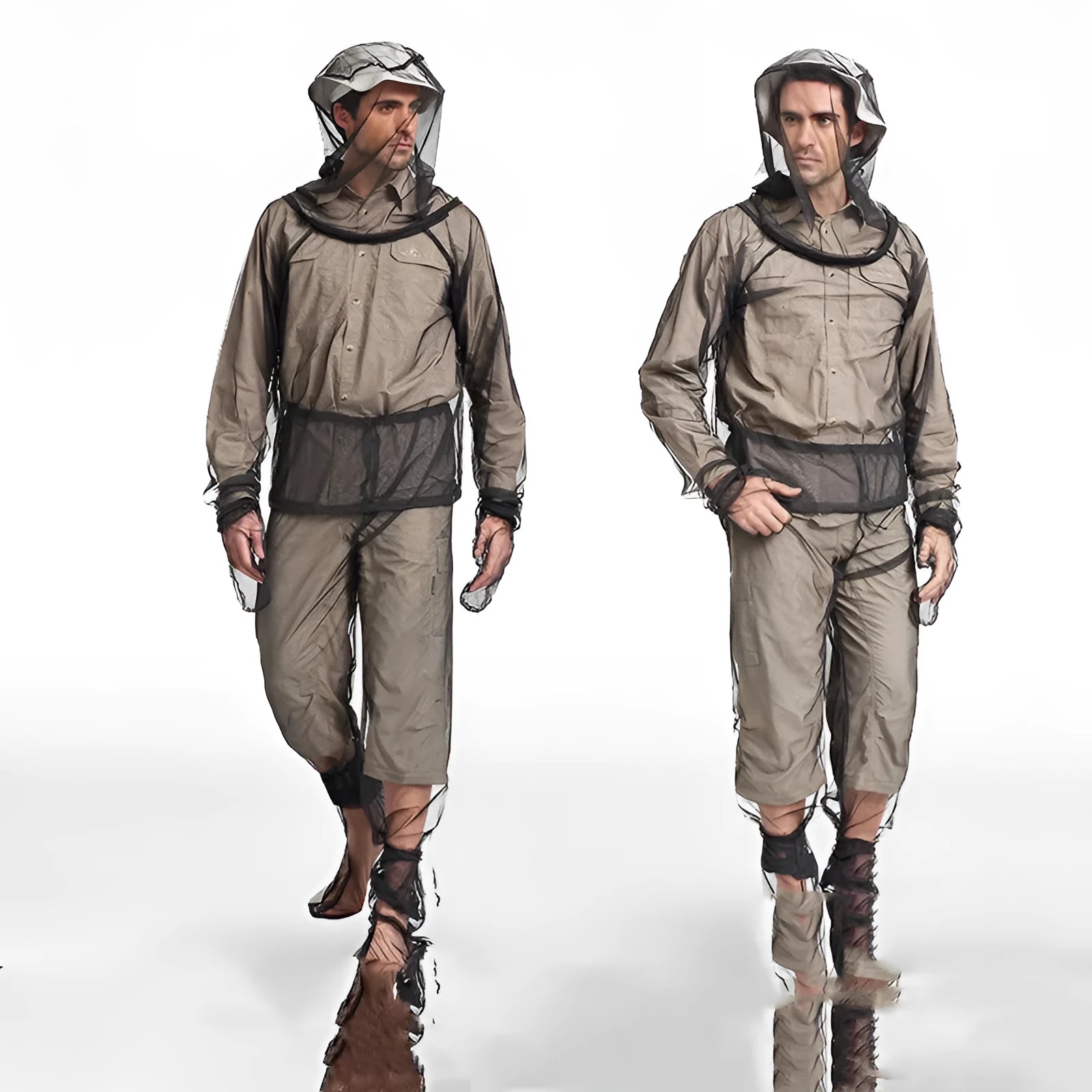 Four-piece mesh anti mosquito suit set with hooded top, trousers and booties for outdoor activities