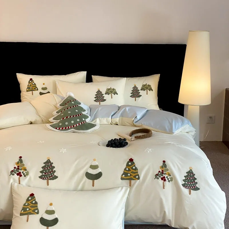 Christmas tree embroidered cotton four-piece bed sheet set with plants pattern in cream blue or green