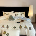 Christmas tree embroidered cotton four-piece bed sheet set with plants pattern in cream blue or green
