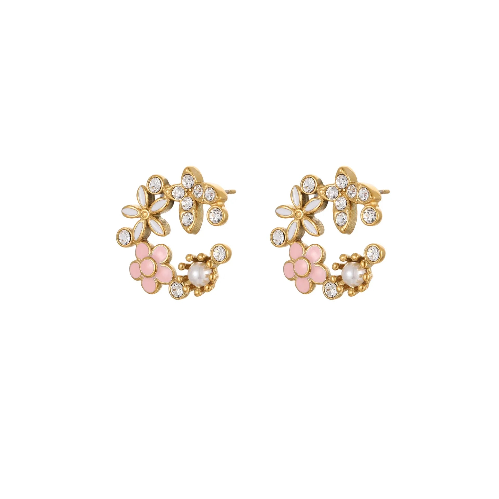 Colourful oil diamond flower stud earrings with gold plating on stainless steel.