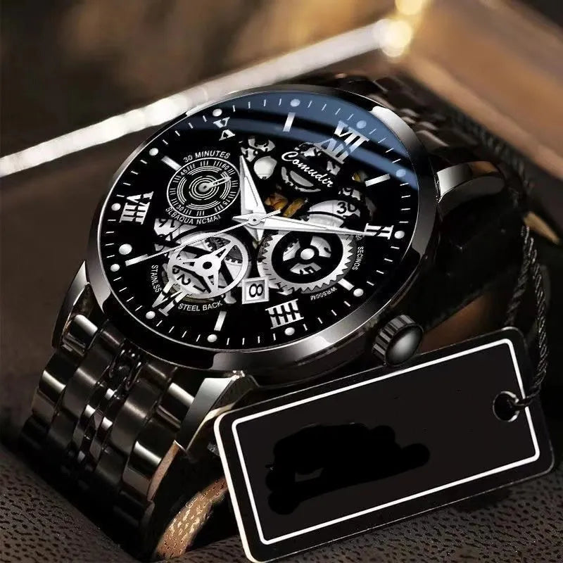 Fashion jewellery hollow men's watch with silver steel case, black dial, luminous hands, and calendar date display