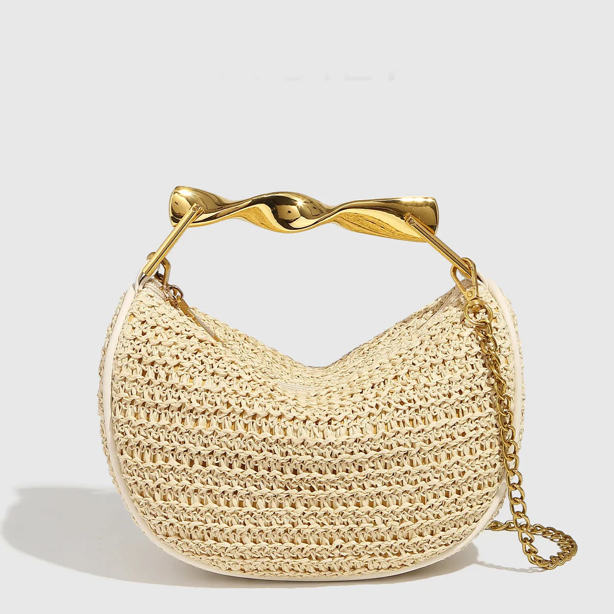Straw woven dumpling chain crossbody bag in black PU leather with woven texture and chain shoulder strap.