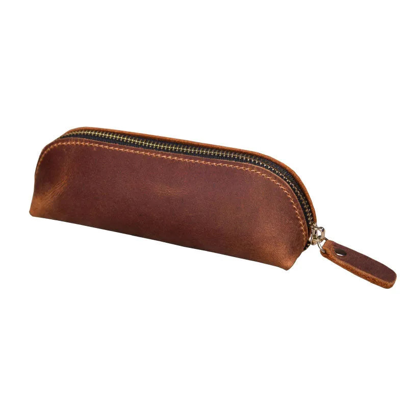 Black genuine leather pencil case with zipper closure measuring 18cm