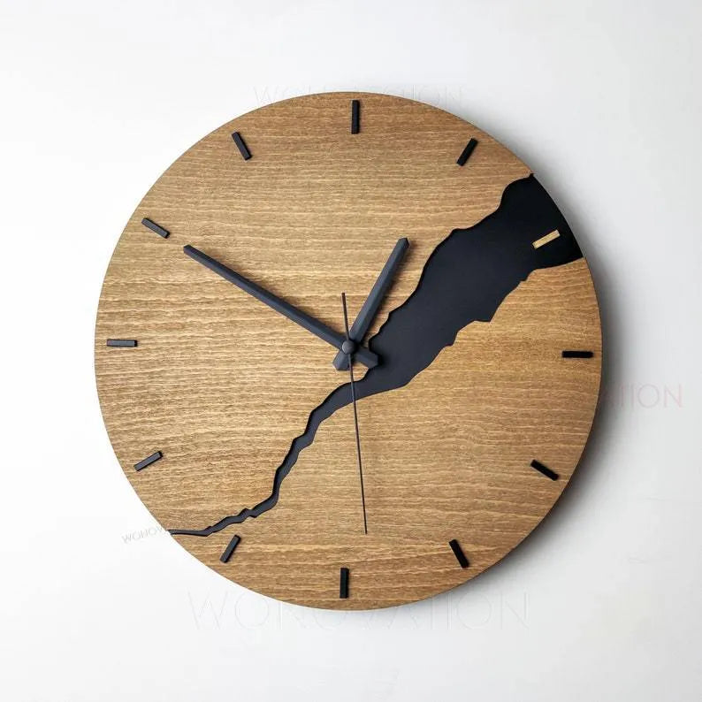 Modern wooden wall clock with crack effect design, 30 cm diameter, minimalist numerals