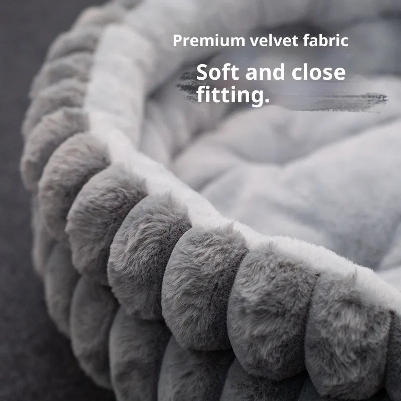 Round plush cat bed in 40cm, 50cm, or 60cm diameter with 15cm height, available in white, grey, pink, and khaki.