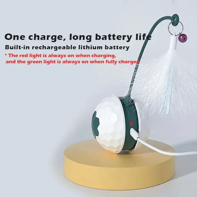 USB rechargeable tumbler cat teaser toy with feather accessory, red or white, 71.5mm x 209mm