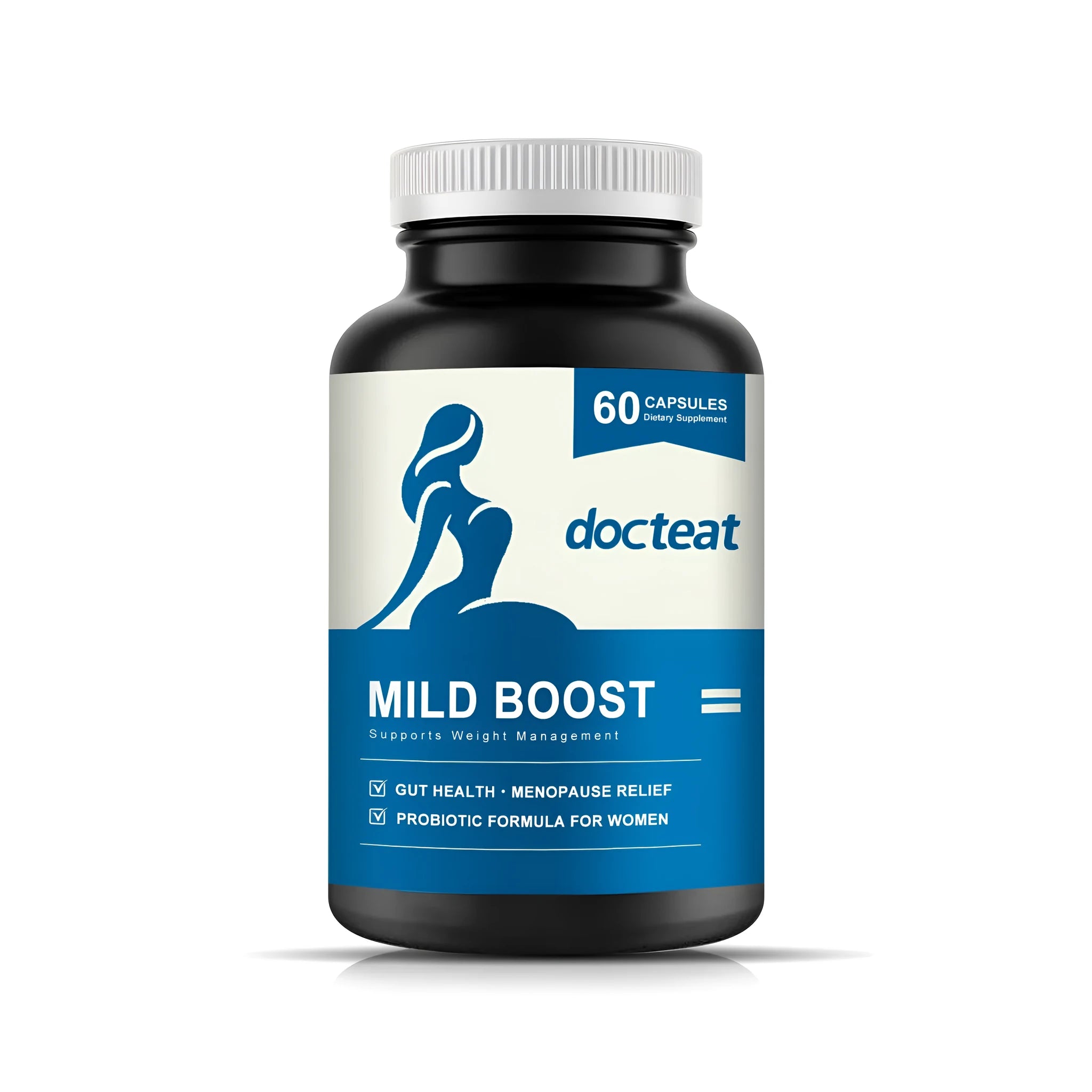 Container of 60 dietary supplement capsules containing probiotic blend, turmeric, and moringa.