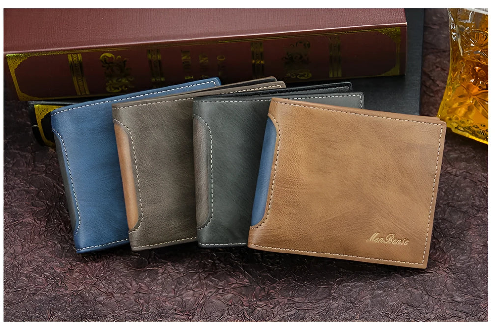 New men's PU leather short leisure 3-fold wallet in black brown blue coffee colours