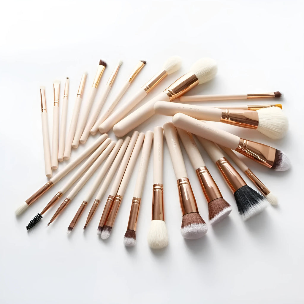 26 pink makeup brushes with wool bristles and wooden handles in PU brush case