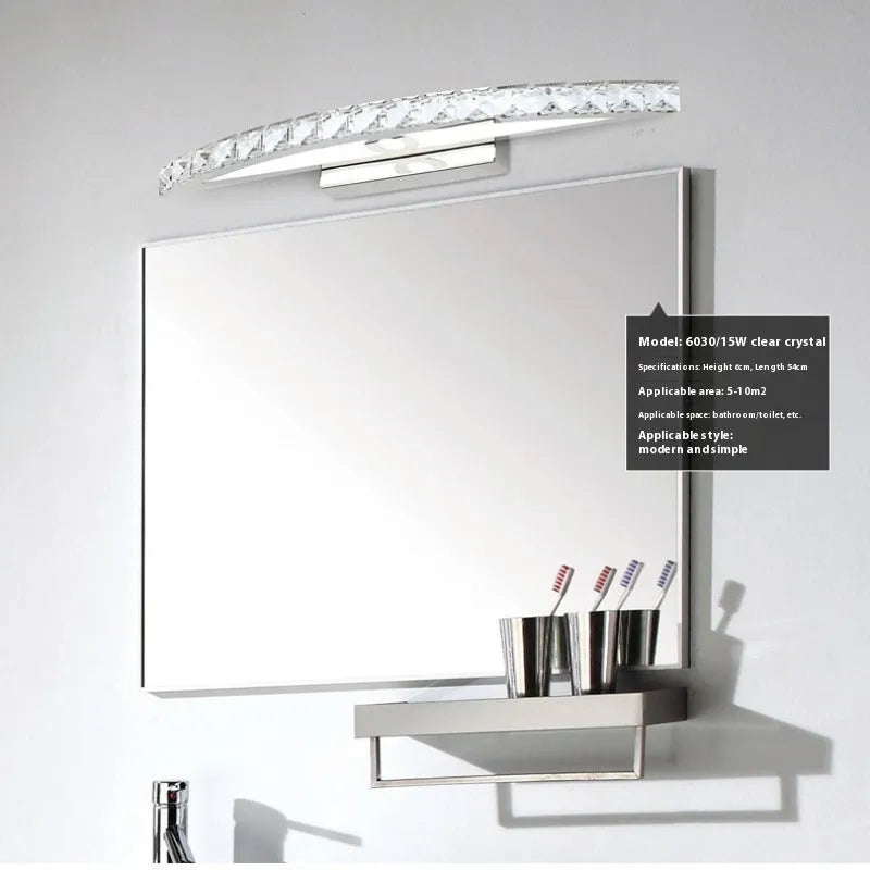 LED wall lamp with crystal face mask and stainless steel body, 44cm arc transparent crystal option